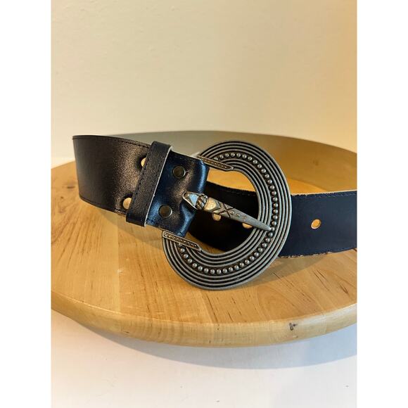 Vintage Chunky Silver Buckle Midnight Blue Leather Wide Belt Size Small main image 13